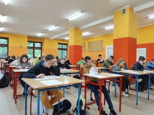 zdjęcie kolorowe uczniowie siedzą przodem rozwiązują testy
